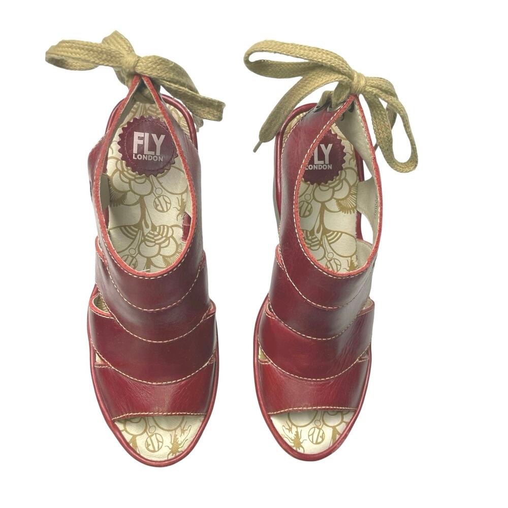 EUC - Fly London Yown Deep Red Leather Wedge Sandals - Picture 2 of 7